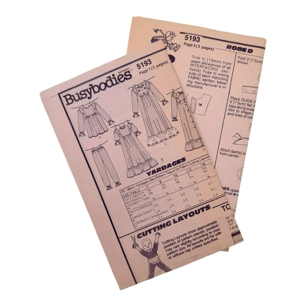 VTG 1990 Butterick Sewing Pattern Girls Robe Top Pants & Nightgown Sz12-14 #5193